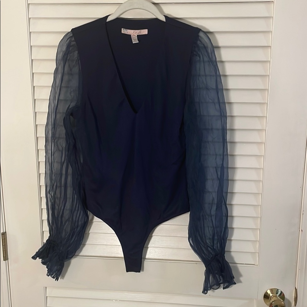 Hutch  Anthropologie Navy Low V Neck Bodysuit Sheer Long Elastic Sleeves